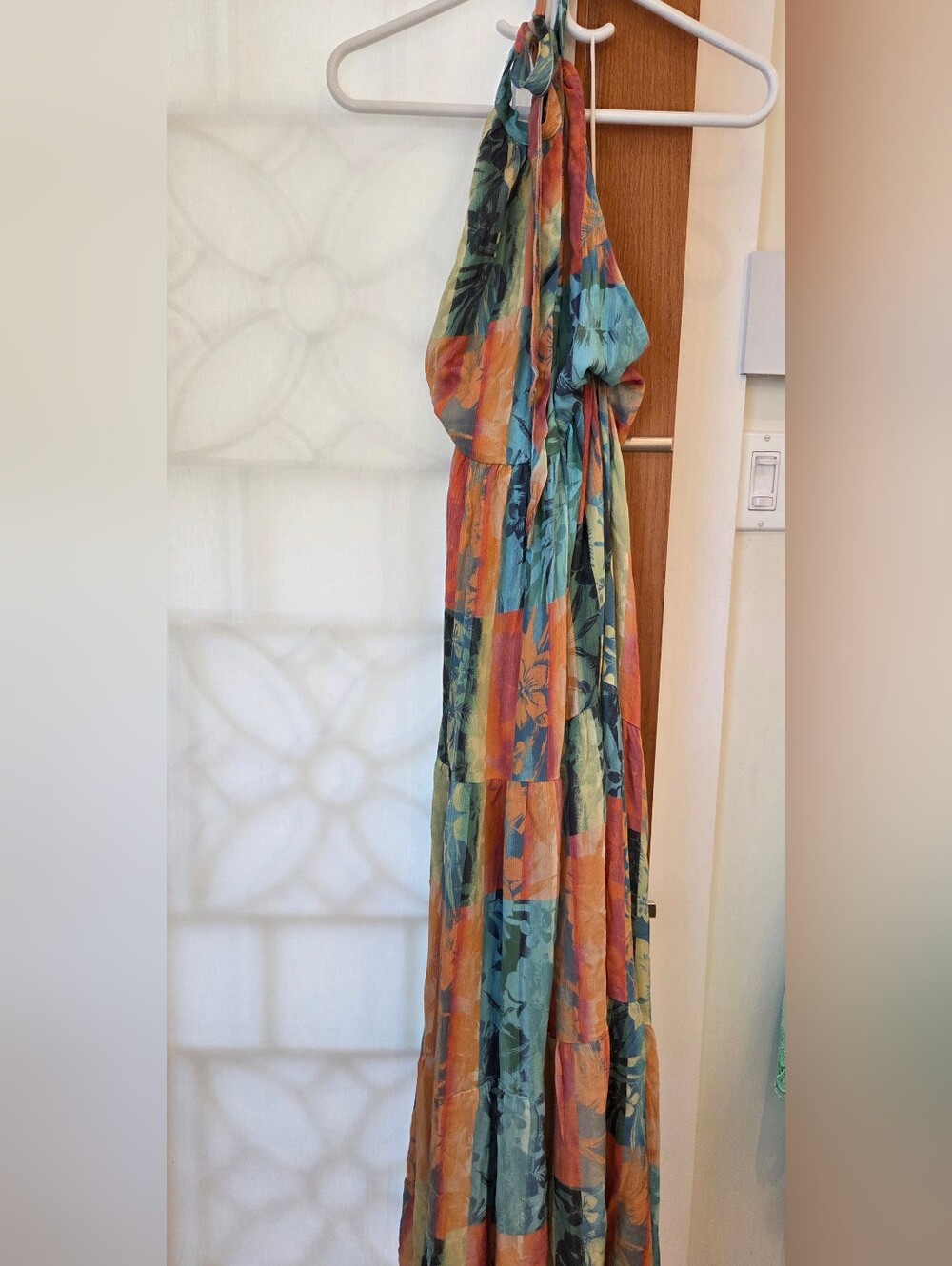 O'Neill Halter Floral Print Maxi Dress in Teal & Coral With Open Back, Size M